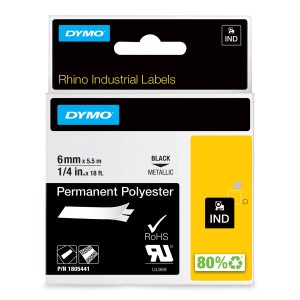 DYMO Rhino Polyester Tape stipra līmlente 6mm x 5,5m / melna uz metāla (1805441) - 1805441