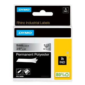 DYMO Rhino poliestera lente 9 mm x 5,5 m / melna uz metāla (18485) - 18485