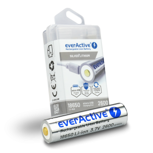 EverActive 18650 3,7 V 2600 mAh Li-Ion mikro USB akumulators ar aizsardzības kārbu lukturīšiem