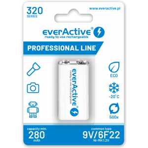 Akumulators everActive 6F22, HR6FA, HR9F, 6AM6, K9V, PP3 9V 320mAh NiMH Akumulators everActive 6F22, HR6FA, HR9F, 6AM6, K9V, PP3 9V 320mAh NiMH