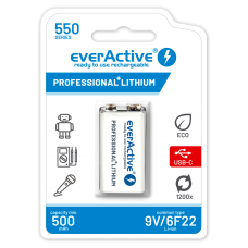 EverActive 6F22/9V Li-ion akumulators 9V 550 mAh ar USB TYPE C savienojumu