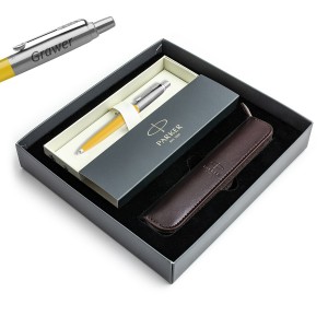 Parker Jotter Originals dāvanu komplekts – dzeltena lodīšu pildspalva ar gravējumu / futrālis / dāvanu komplekts