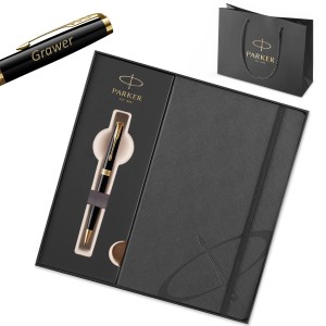 Dāvanu komplekts Parker Sonnet Black Lacquer GT pildspalva ar gravējumu / piezīmju grāmatiņa un somiņa