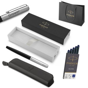 Parker Jotter Originals Black tintes pildspalva ar gravējumu + pildspalvu piederumu maisiņš / Dāvana skolēnam/studentam