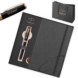 Dāvanu komplekts Parker Sonnet Black Lacquer GT (M) pildspalva ar gravējumu / piezīmju grāmatiņa un somiņa