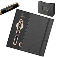 Dāvanu komplekts: Parker Sonnet Black Lacquer GT (M) tintes pildspalva ar gravējumu / piezīmju grāmatiņa un somiņa