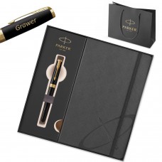 Dāvanu komplekts: Parker Sonnet Black Lacquer GT (M) tintes pildspalva ar gravējumu / piezīmju grāmatiņa un somiņa
