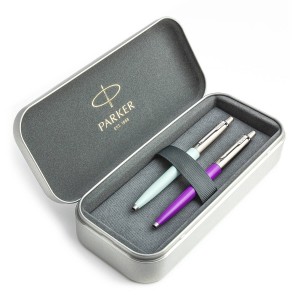 Parker Jotter Originals Pastel Blue un Purple Lodīšu pildspalvu dāvanu komplekts ar metāla korpusu