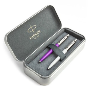 Parker Jotter Originals Purple un Pearl Grey Lodīšu pildspalvu dāvanu komplekts ar metāla korpusu
