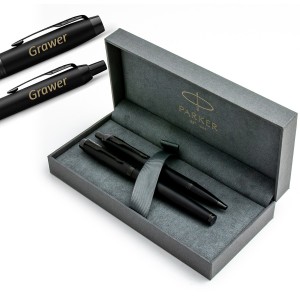 Parker IM Achromatic Black komplekts - pildspalva un lodīšu pildspalva ar gravējumu elegantā kastītē