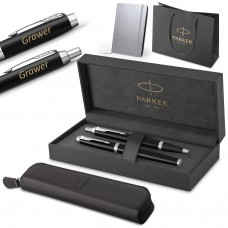 Parker pildspalvas un pildspalvas IM Black CT komplekts ar gravējumu / Etui, piezīmju grāmatiņa un somiņa Dāvanu komplekts