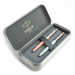 Parker Jotter Originals Powder Pink un Pastel Blue Lodīšu pildspalvu dāvanu komplekts ar metāla korpusu