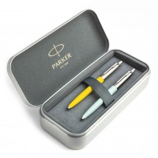 Parker Jotter Originals Yellow un Pastel Blue Lodīšu pildspalvu dāvanu komplekts ar metāla korpusu