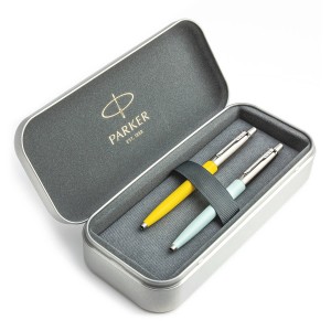 Parker Jotter Originals Yellow un Pastel Blue Lodīšu pildspalvu dāvanu komplekts ar metāla korpusu