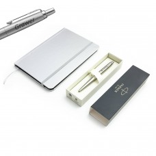 Parker Monochrome XL sudraba lodīšu pildspalvu dāvanu komplekts 2122756 ar gravētu piezīmju bloku