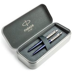 Parker Jotter Royal Blue CT lodīšu pildspalvu un zīmuļu komplekts metāla kastītē