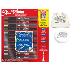 Sharpie akrila marķieri, 12 pamata krāsas + papildus piederumi: grāmatzīme, maisiņš, atslēgu piekariņš