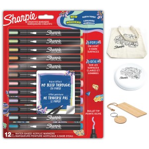 Sharpie akrila marķieri zemes toņos, 12 gab. + piederumi: grāmatzīme, maisiņš, atslēgu piekariņš