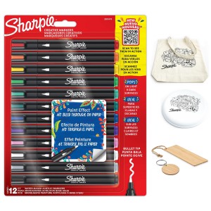 Sharpie akrila marķieri, 12 krāsas + piederumi: grāmatzīme, maisiņš, atslēgu piekariņš